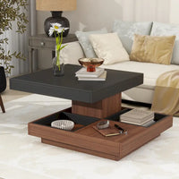Table basse carrée à 2 niveaux rotative à 360° avec 3 plateaux amovibles