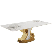 Table à manger rectangulaire de luxe en pierre frittée avec base en acier inoxydable pour 8 à 10 personnes