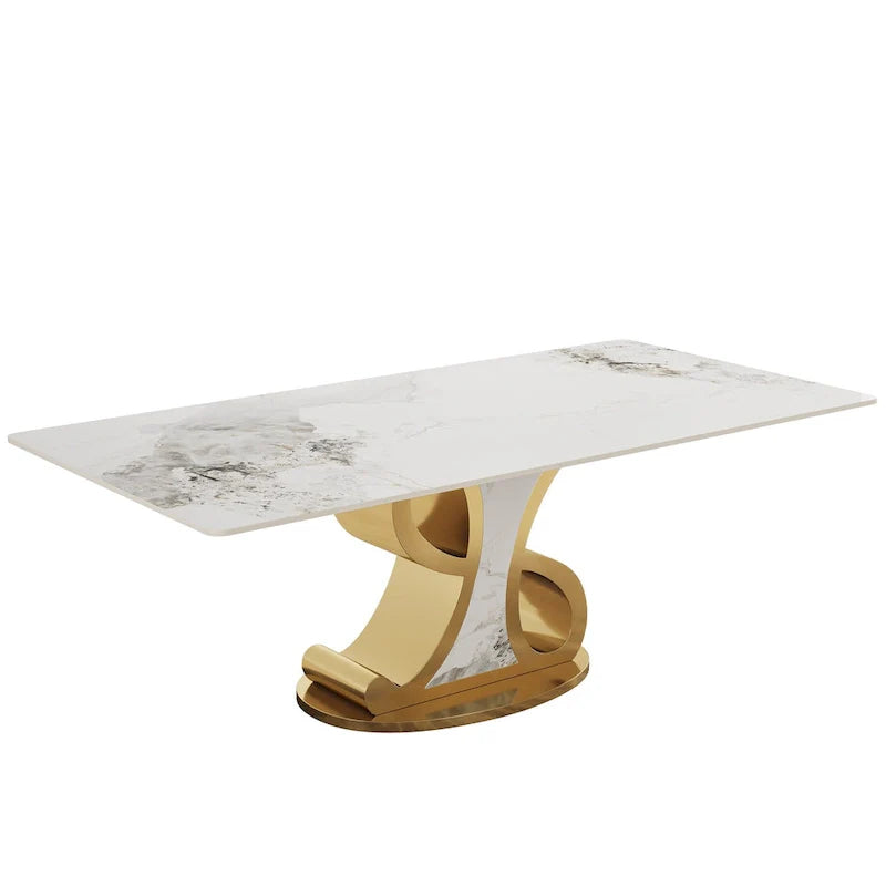 Table à manger rectangulaire de luxe en pierre frittée avec base en acier inoxydable pour 8 à 10 personnes