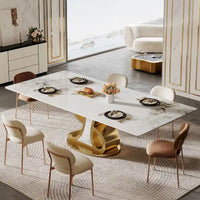 Table à manger rectangulaire de luxe en pierre frittée avec base en acier inoxydable pour 8 à 10 personnes