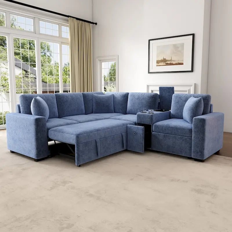 Canapé-Lit Sectionnel Forme L 120.5 pouces en Chenille avec Rangement et Porte-Gobelets