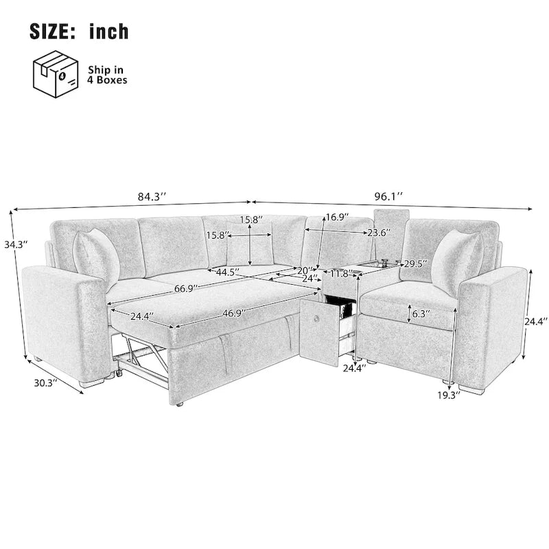 Canapé-Lit Sectionnel Forme L 120.5 pouces en Chenille avec Rangement et Porte-Gobelets