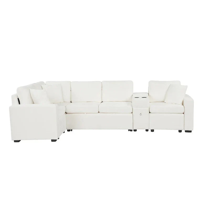 Canapé-Lit Sectionnel Forme L 120.5 pouces en Chenille avec Rangement et Porte-Gobelets