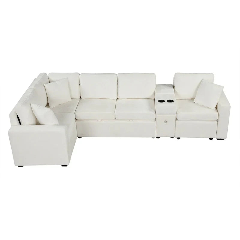 Canapé-Lit Sectionnel Forme L 120.5 pouces en Chenille avec Rangement et Porte-Gobelets