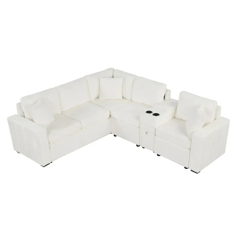 Canapé-Lit Sectionnel Forme L 120.5 pouces en Chenille avec Rangement et Porte-Gobelets
