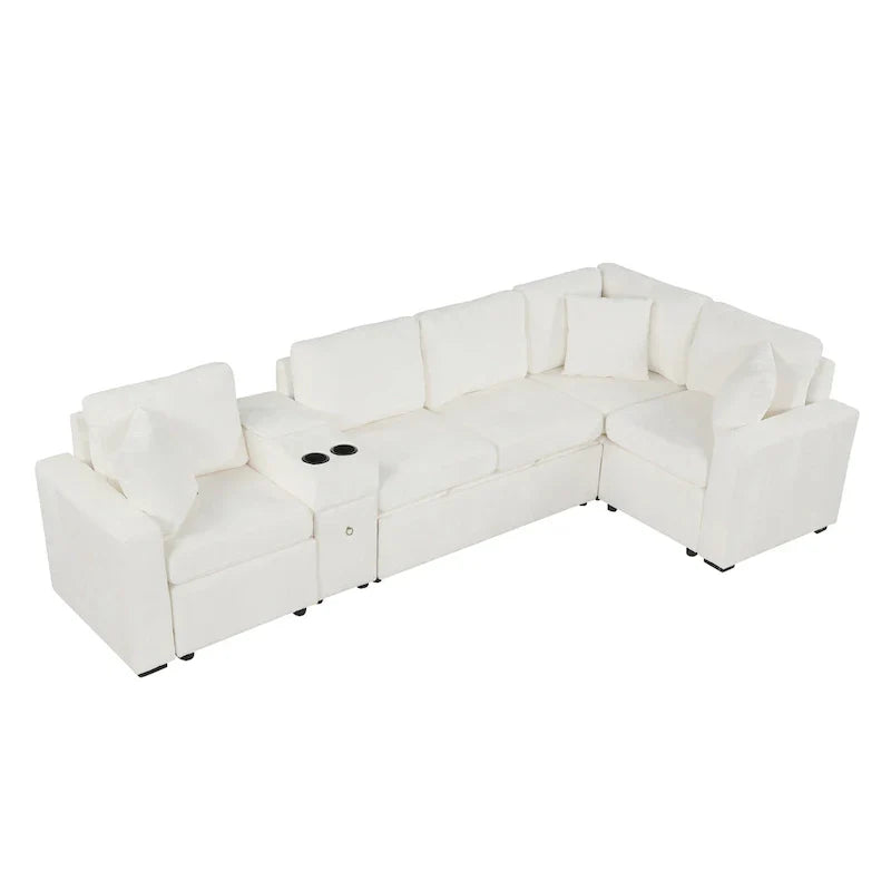 Canapé-Lit Sectionnel Forme L 120.5 pouces en Chenille avec Rangement et Porte-Gobelets