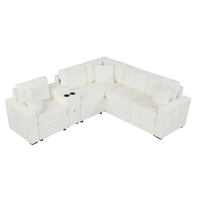 Canapé-Lit Sectionnel Forme L 120.5 pouces en Chenille avec Rangement et Porte-Gobelets