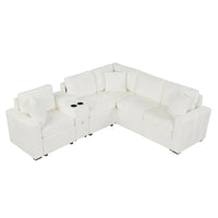Canapé-Lit Sectionnel Forme L 120.5 pouces en Chenille avec Rangement et Porte-Gobelets
