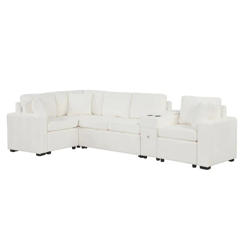 Canapé-Lit Sectionnel Forme L 120.5 pouces en Chenille avec Rangement et Porte-Gobelets
