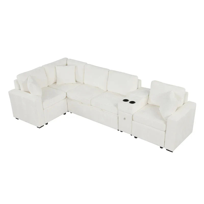 Canapé-Lit Sectionnel Forme L 120.5 pouces en Chenille avec Rangement et Porte-Gobelets