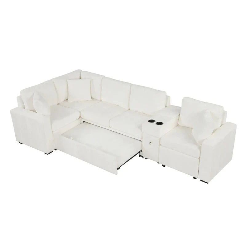 Canapé-Lit Sectionnel Forme L 120.5 pouces en Chenille avec Rangement et Porte-Gobelets