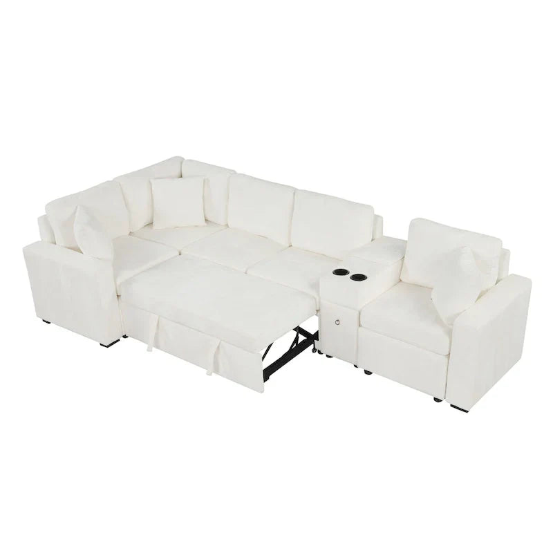 Canapé-Lit Sectionnel Forme L 120.5 pouces en Chenille avec Rangement et Porte-Gobelets