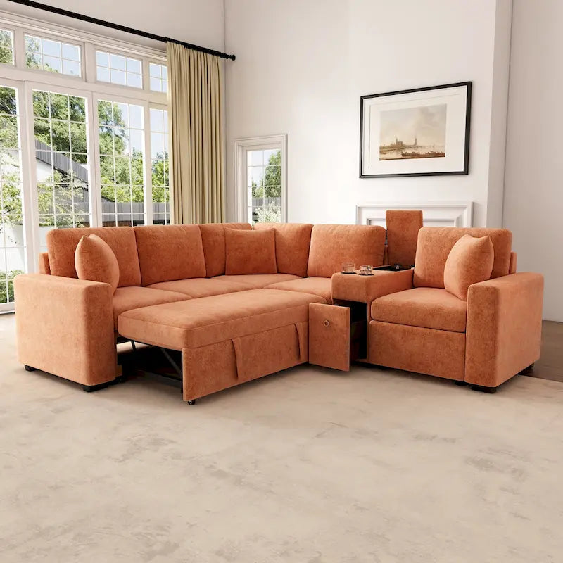 Canapé-Lit Sectionnel Forme L 120.5 pouces en Chenille avec Rangement et Porte-Gobelets
