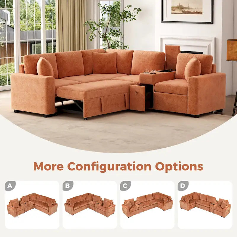Canapé-Lit Sectionnel Forme L 120.5 pouces en Chenille avec Rangement et Porte-Gobelets