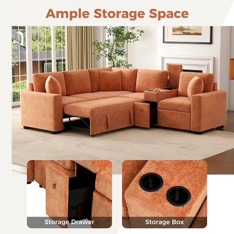 Canapé-Lit Sectionnel Forme L 120.5 pouces en Chenille avec Rangement et Porte-Gobelets
