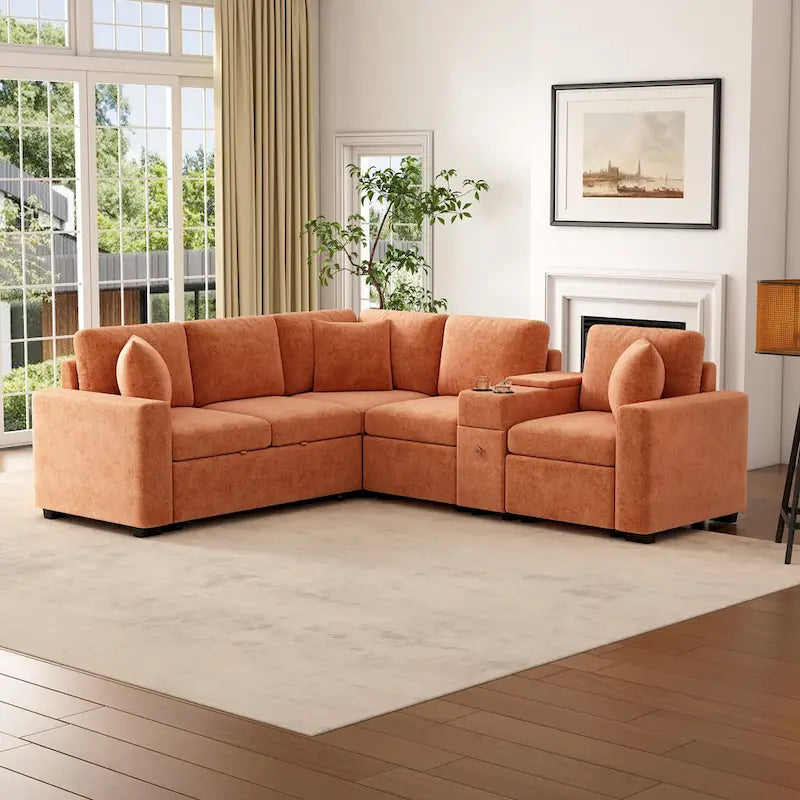 Canapé-Lit Sectionnel Forme L 120.5 pouces en Chenille avec Rangement et Porte-Gobelets