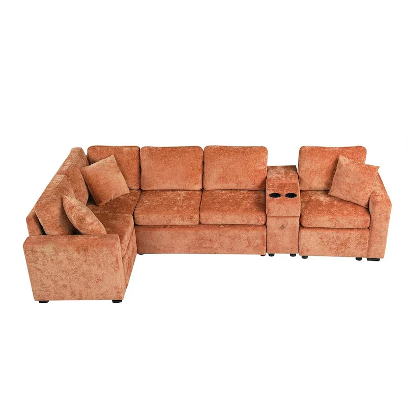 Canapé-Lit Sectionnel Forme L 120.5 pouces en Chenille avec Rangement et Porte-Gobelets