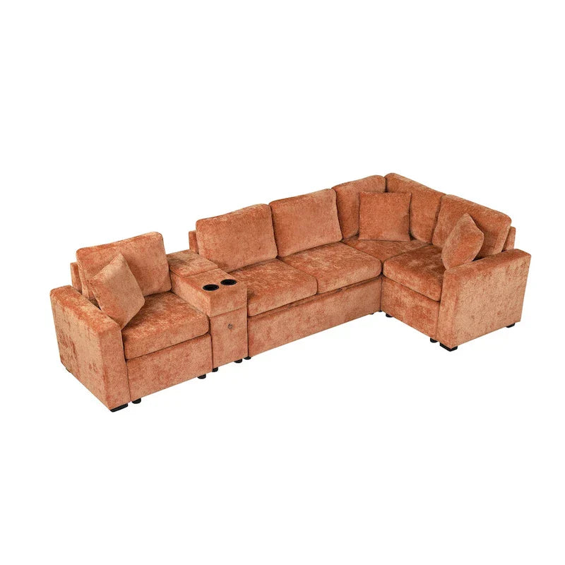 Canapé-Lit Sectionnel Forme L 120.5 pouces en Chenille avec Rangement et Porte-Gobelets