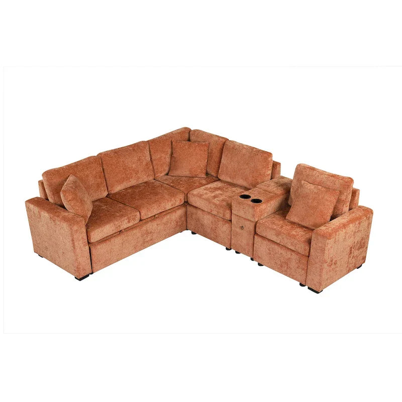Canapé-Lit Sectionnel Forme L 120.5 pouces en Chenille avec Rangement et Porte-Gobelets