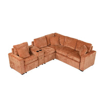 Canapé-Lit Sectionnel Forme L 120.5 pouces en Chenille avec Rangement et Porte-Gobelets
