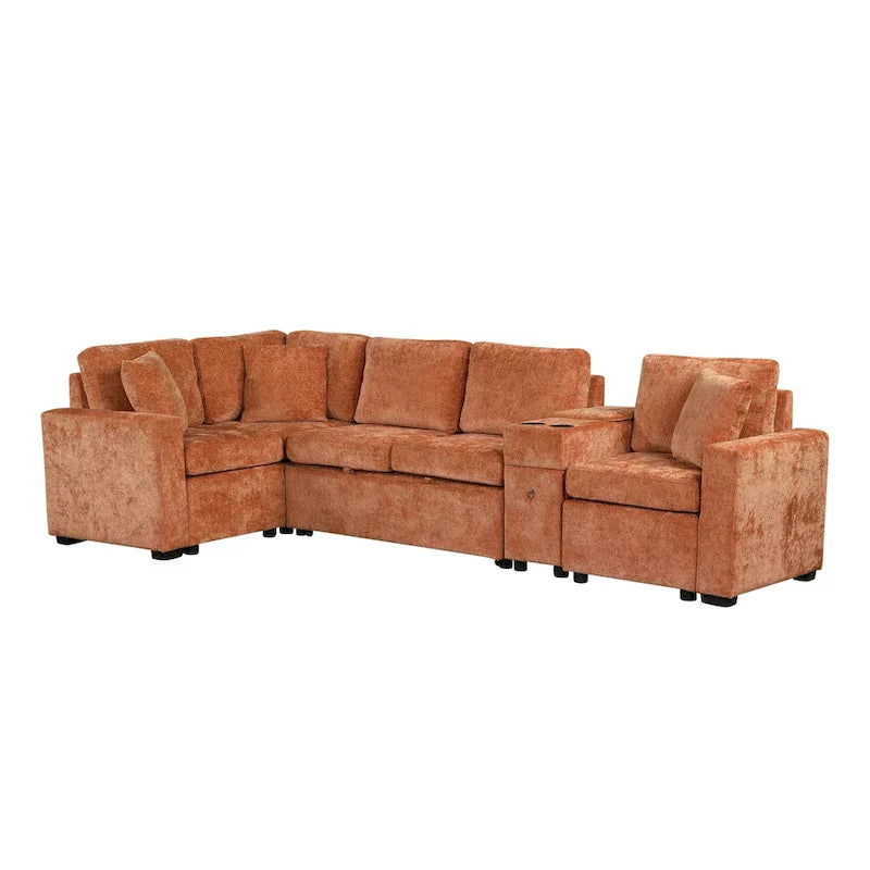 Canapé-Lit Sectionnel Forme L 120.5 pouces en Chenille avec Rangement et Porte-Gobelets