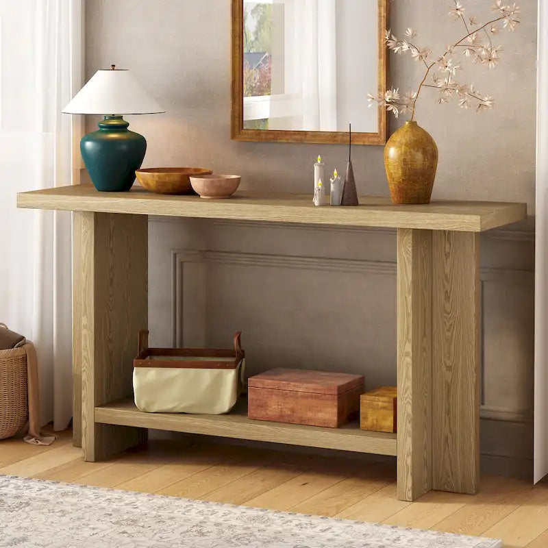 Console de style vintage Roomfitters, placage de frêne avec pieds en T, pour bureau, entrée, couloir, salon