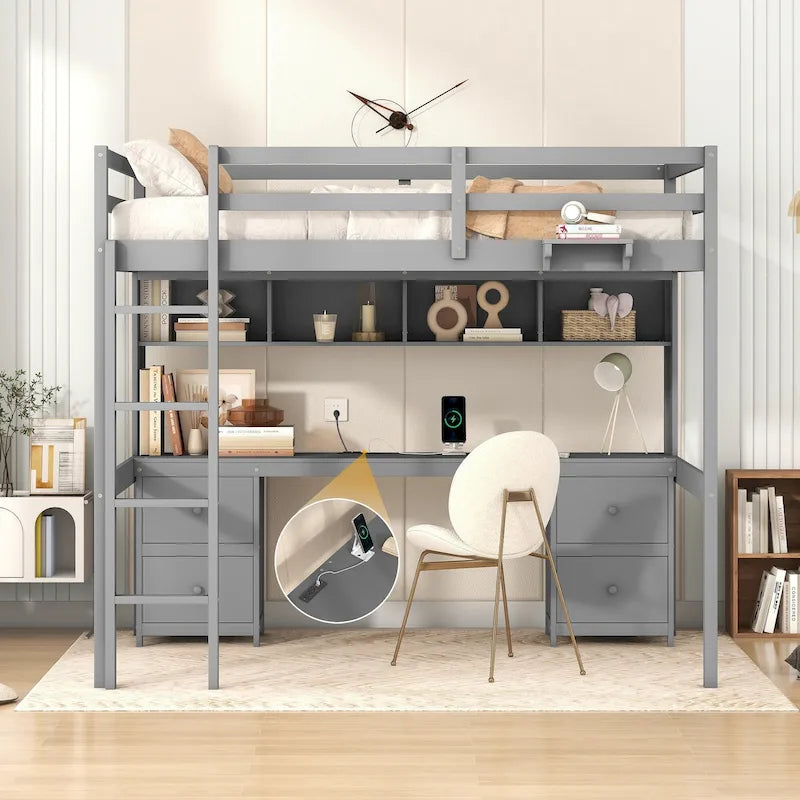 Lit mezzanine en bois Full avec bureau, armoires, tiroirs, station de charge