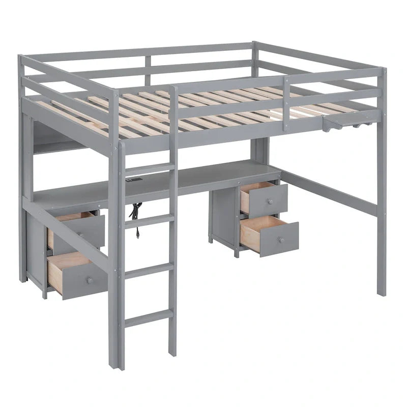 Lit mezzanine en bois Full avec bureau, armoires, tiroirs, station de charge