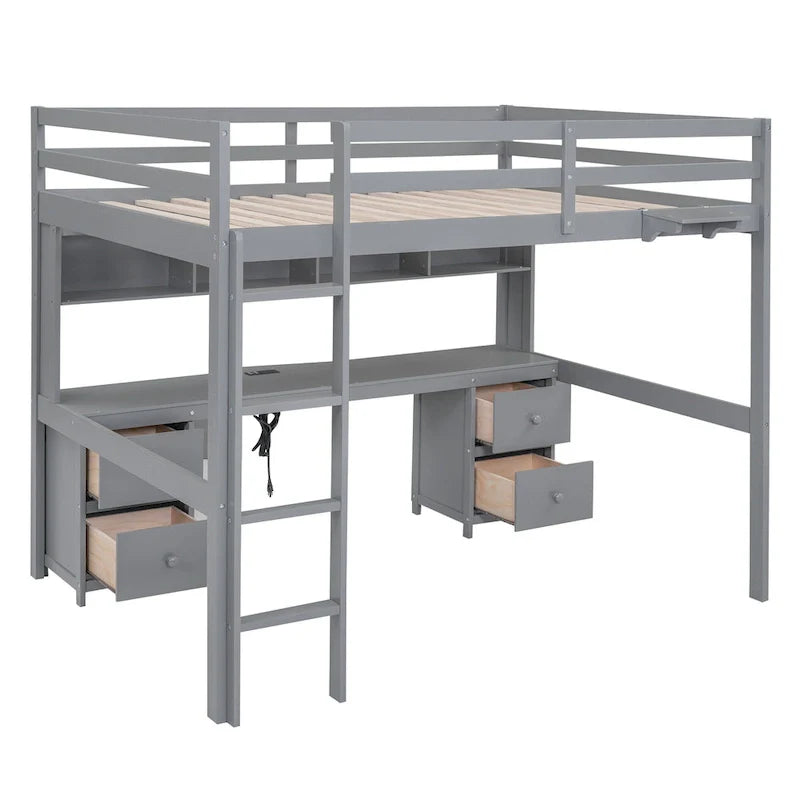 Lit mezzanine en bois Full avec bureau, armoires, tiroirs, station de charge