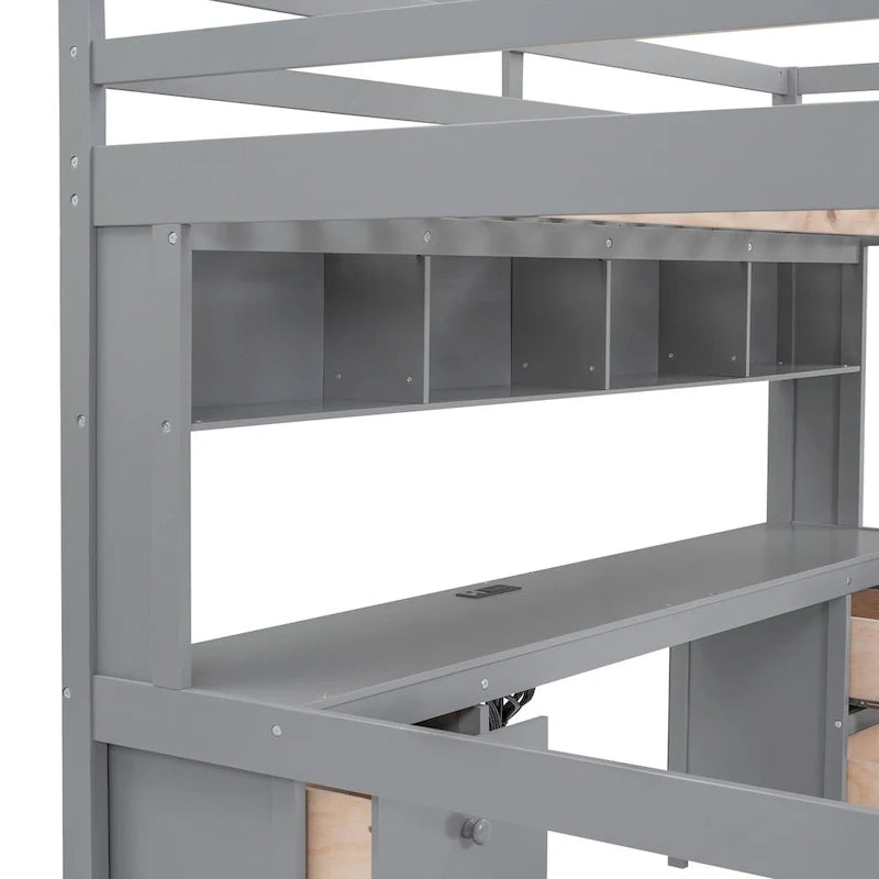 Lit mezzanine en bois Full avec bureau, armoires, tiroirs, station de charge