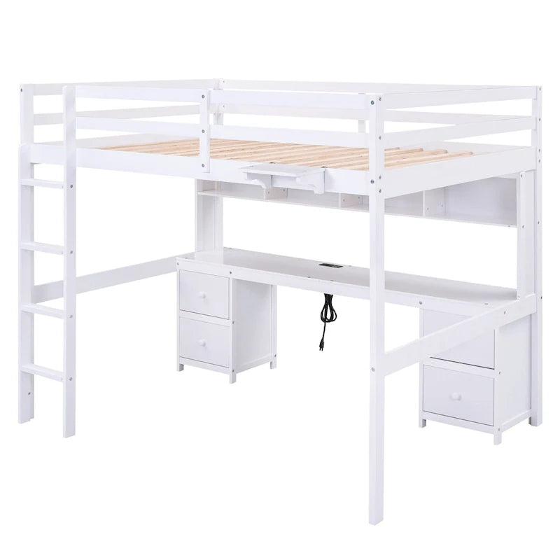 Lit mezzanine en bois Full avec bureau, armoires, tiroirs, station de charge