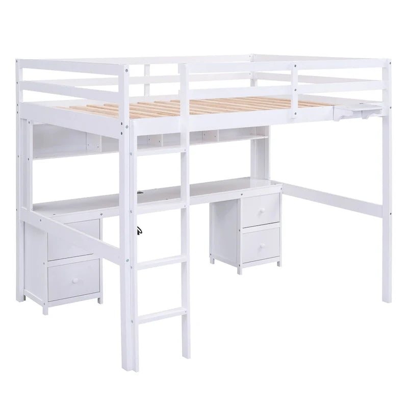 Lit mezzanine en bois Full avec bureau, armoires, tiroirs, station de charge