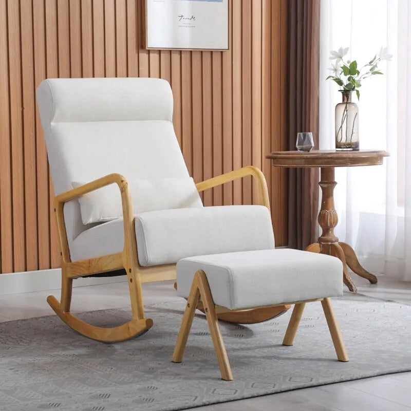 EROMMY Fauteuil berçant inclinable large de 64 cm avec pouf – Fauteuil à bascule à dossier haut, tissu de lin doux, design ergonomique