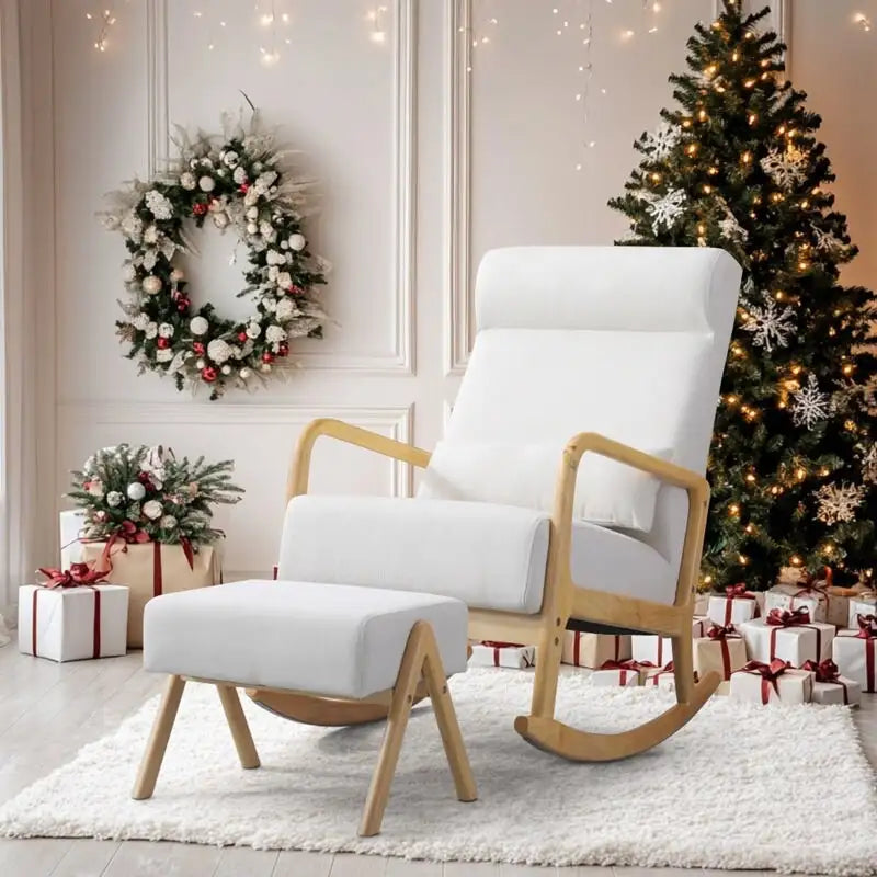 EROMMY Fauteuil berçant inclinable large de 64 cm avec pouf – Fauteuil à bascule à dossier haut, tissu de lin doux, design ergonomique