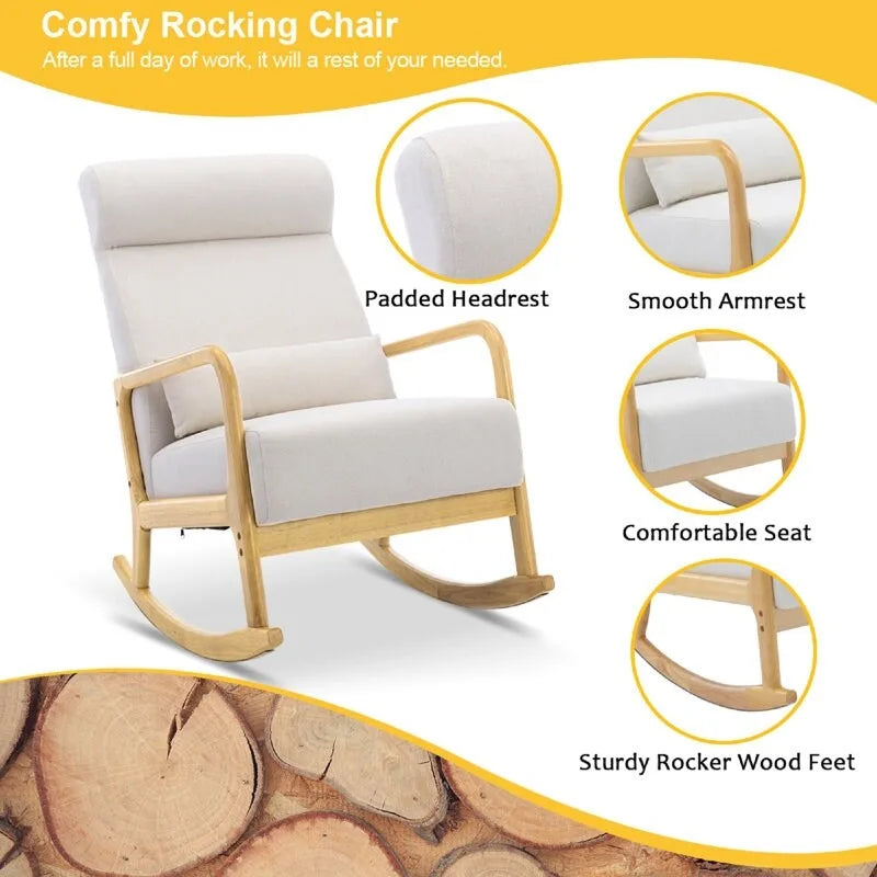 EROMMY Fauteuil berçant inclinable large de 64 cm avec pouf – Fauteuil à bascule à dossier haut, tissu de lin doux, design ergonomique