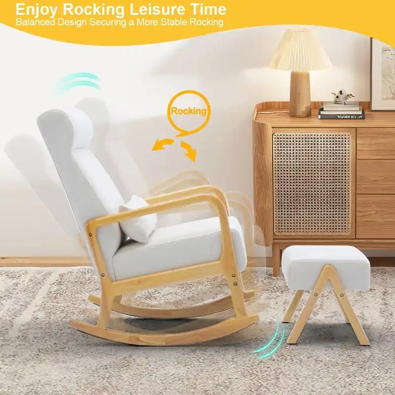 EROMMY Fauteuil berçant inclinable large de 64 cm avec pouf – Fauteuil à bascule à dossier haut, tissu de lin doux, design ergonomique