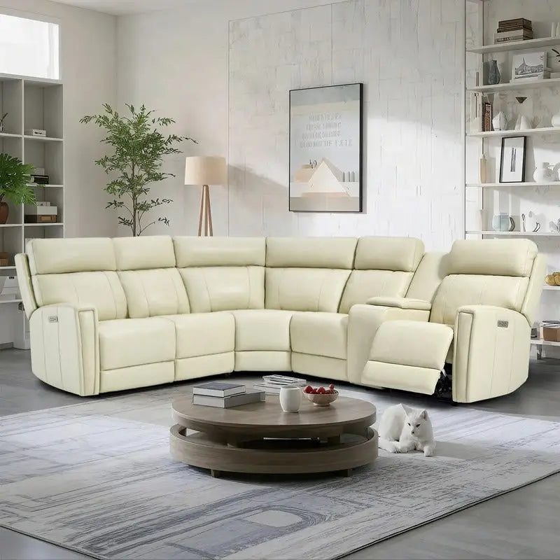 Canapé Sectionnel Inclinable Électrique en Cuir Véritable 104 pouces de large avec Zéro Gravité, Appui-Tête Réglable, Ports USB et Console