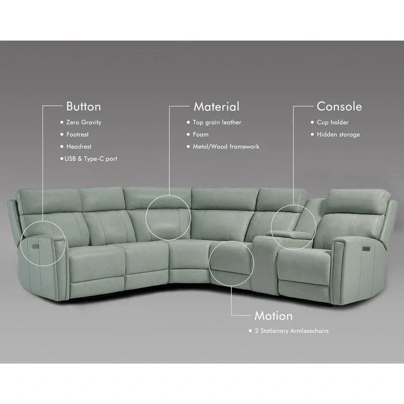 Canapé Sectionnel Inclinable Électrique en Cuir Véritable 104 pouces de large avec Zéro Gravité, Appui-Tête Réglable, Ports USB et Console