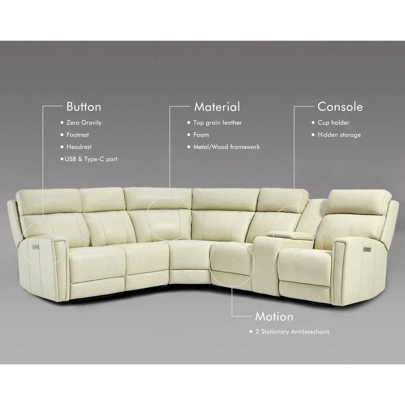 Canapé Sectionnel Inclinable Électrique en Cuir Véritable 104 pouces de large avec Zéro Gravité, Appui-Tête Réglable, Ports USB et Console