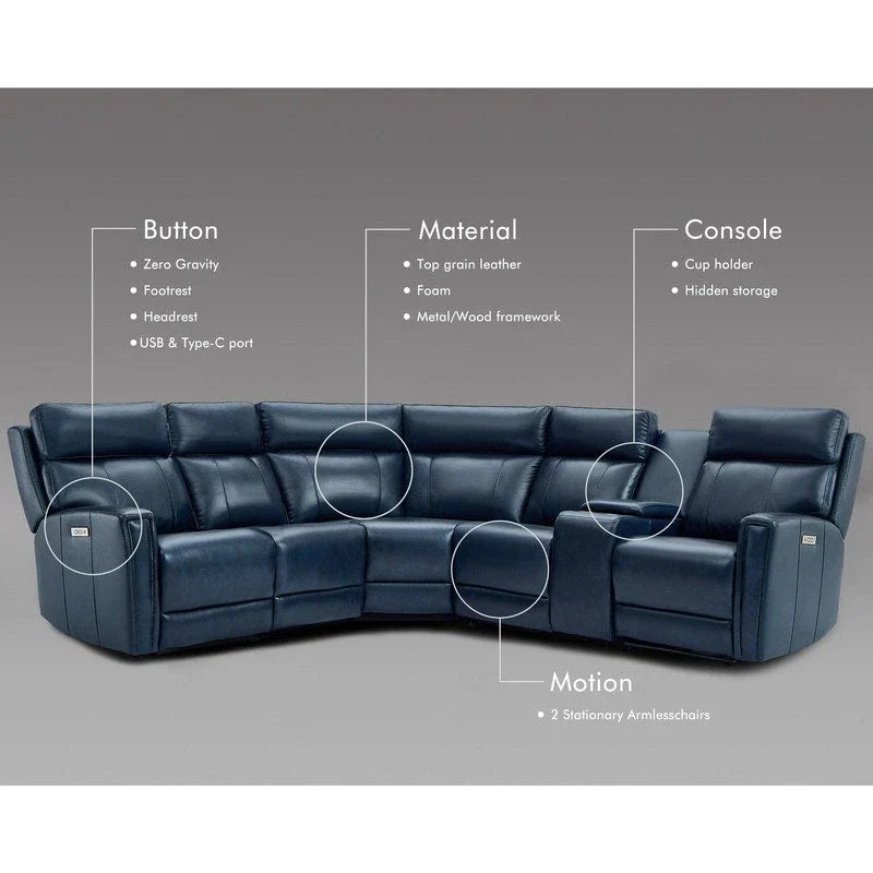Canapé Sectionnel Inclinable Électrique en Cuir Véritable 104 pouces de large avec Zéro Gravité, Appui-Tête Réglable, Ports USB et Console