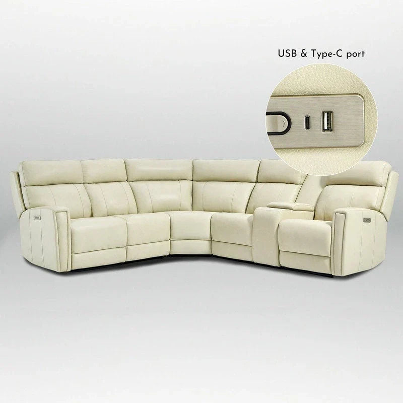 Canapé Sectionnel Inclinable Électrique en Cuir Véritable 104 pouces de large avec Zéro Gravité, Appui-Tête Réglable, Ports USB et Console