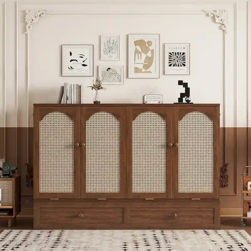Lit escamotable Murphy en pin pliable, lit-armoire Queen, lit-armoire cube avec station d'alimentation, tiroir et panneau décoratif en rotin