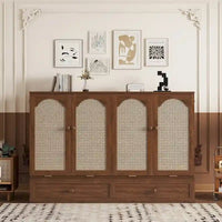 Lit escamotable Murphy en pin pliable, lit-armoire Queen, lit-armoire cube avec station d'alimentation, tiroir et panneau décoratif en rotin