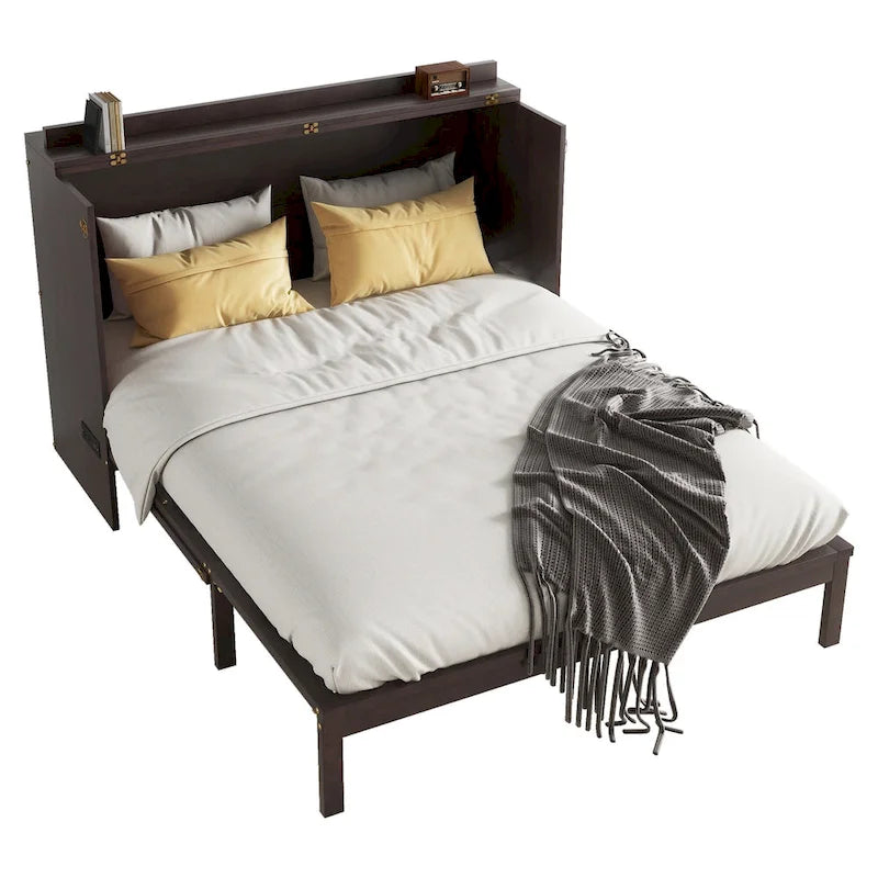 Lit escamotable Murphy en pin pliable, lit-armoire Queen, lit-armoire cube avec station d'alimentation, tiroir et panneau décoratif en rotin