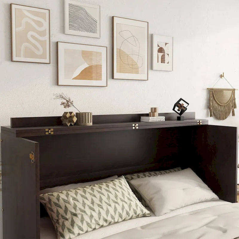 Lit escamotable Murphy en pin pliable, lit-armoire Queen, lit-armoire cube avec station d'alimentation, tiroir et panneau décoratif en rotin