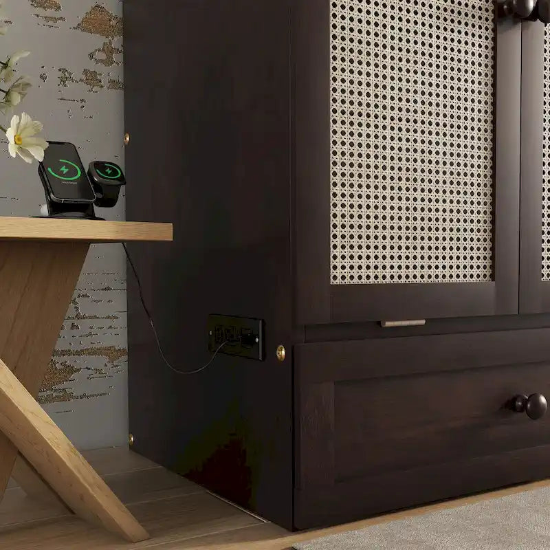 Lit escamotable Murphy en pin pliable, lit-armoire Queen, lit-armoire cube avec station d'alimentation, tiroir et panneau décoratif en rotin