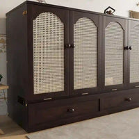 Lit escamotable Murphy en pin pliable, lit-armoire Queen, lit-armoire cube avec station d'alimentation, tiroir et panneau décoratif en rotin