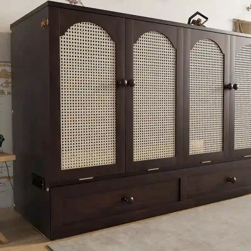 Lit escamotable Murphy en pin pliable, lit-armoire Queen, lit-armoire cube avec station d'alimentation, tiroir et panneau décoratif en rotin