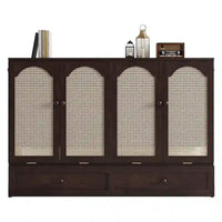 Lit escamotable Murphy en pin pliable, lit-armoire Queen, lit-armoire cube avec station d'alimentation, tiroir et panneau décoratif en rotin