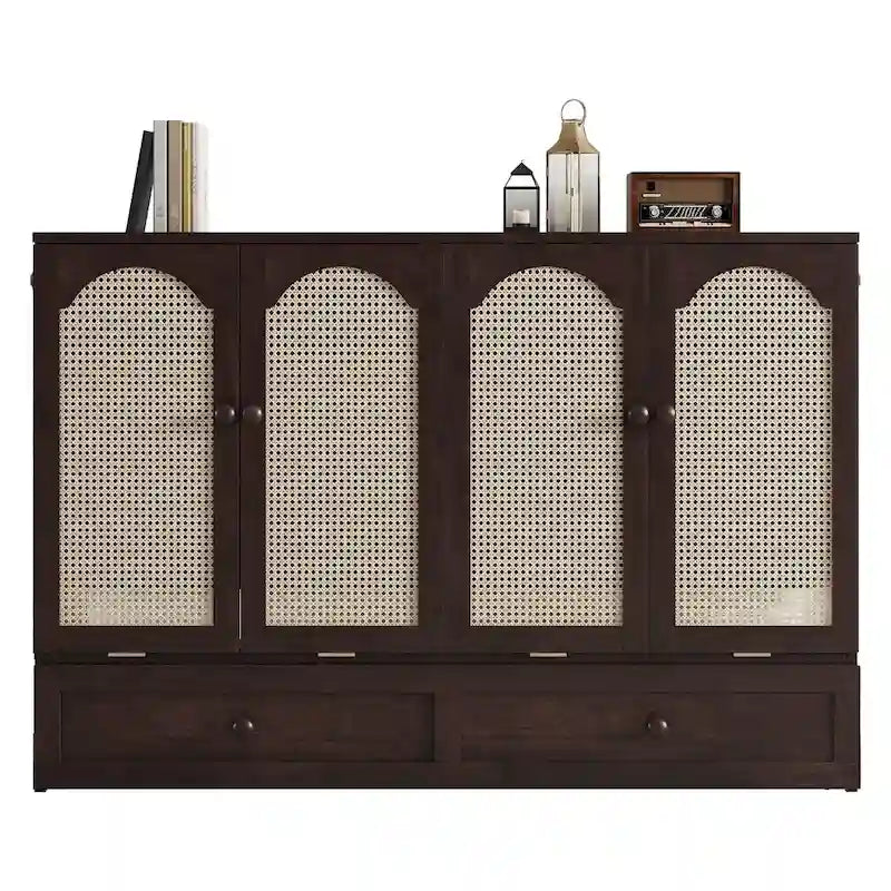 Lit escamotable Murphy en pin pliable, lit-armoire Queen, lit-armoire cube avec station d'alimentation, tiroir et panneau décoratif en rotin